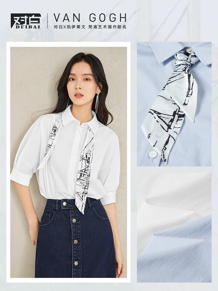 Vincent Van Gogh joint dialogue French mid-sleeve shirt women's summer 2024 new silk scarf pleated white top