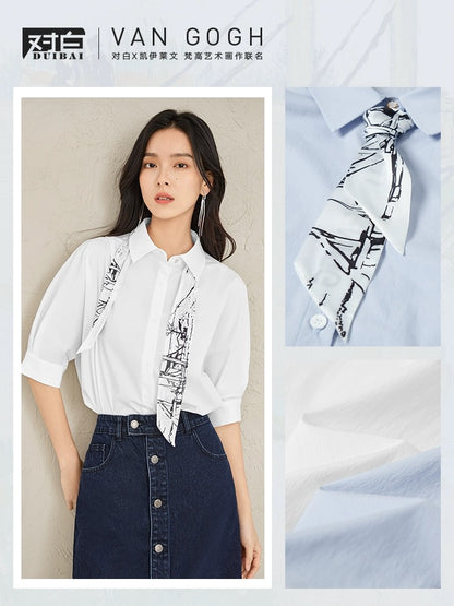 Vincent Van Gogh joint dialogue French mid-sleeve shirt women's summer 2024 new silk scarf pleated white top