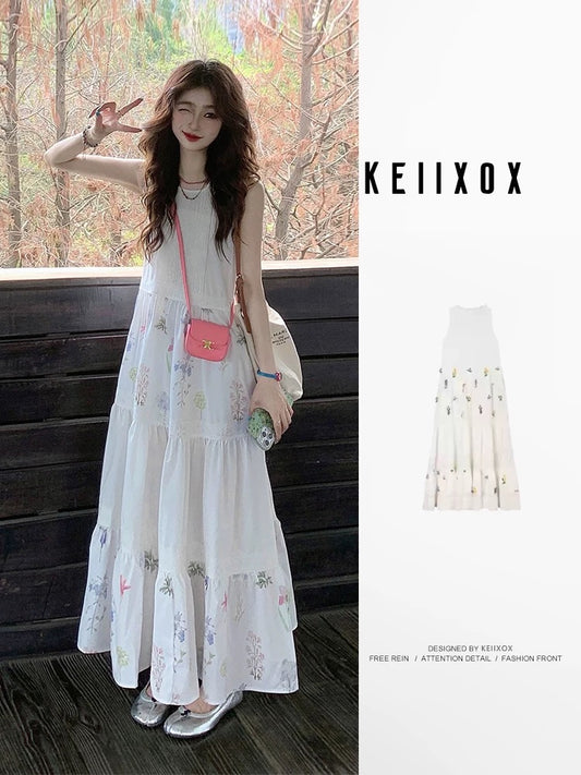 French lace stitching white sleeveless vest dress for women summer waist temperament seaside holiday floral long dress