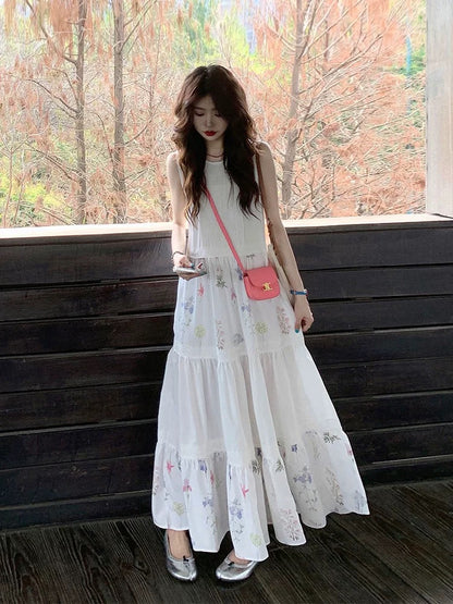 French lace stitching white sleeveless vest dress for women summer waist temperament seaside holiday floral long dress