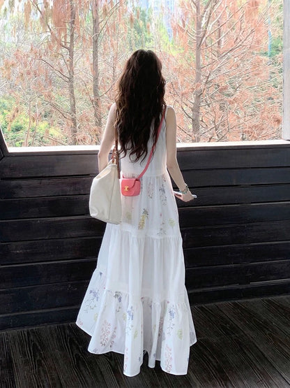 French lace stitching white sleeveless vest dress for women summer waist temperament seaside holiday floral long dress