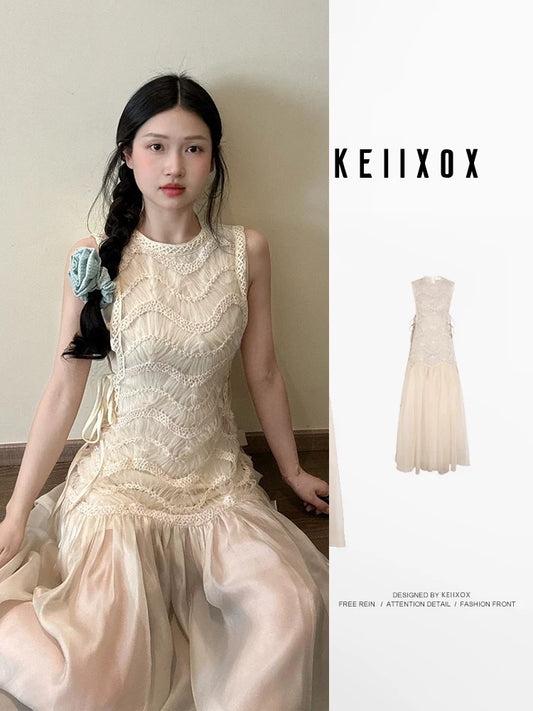 French gentle style mesh splicing vest dress for women in summer wear high-grade waist temperament sleeveless long dress