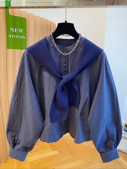 Korean plaid shirt shawl two-piece tops for women autumn 2025 new loose casual round neck super good-looking shirt