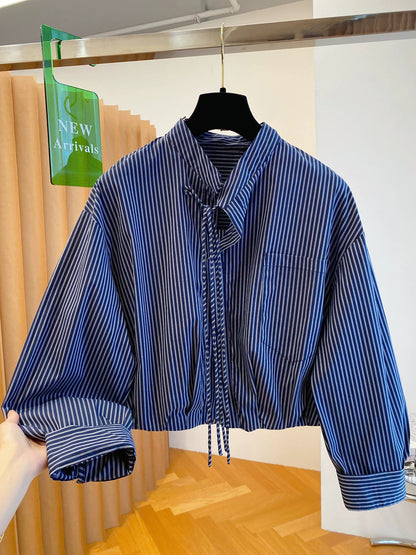 High-end lace-up stand-up collar striped shirt for women 2025 new autumn super good-looking loose temperament short top