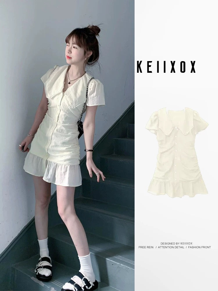 French design ruffled doll collar dress for women in summer with small waist and slimming sweet short skirt