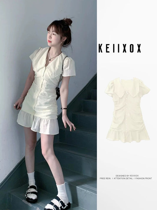 French design ruffled doll collar dress for women in summer with small waist and slimming sweet short skirt