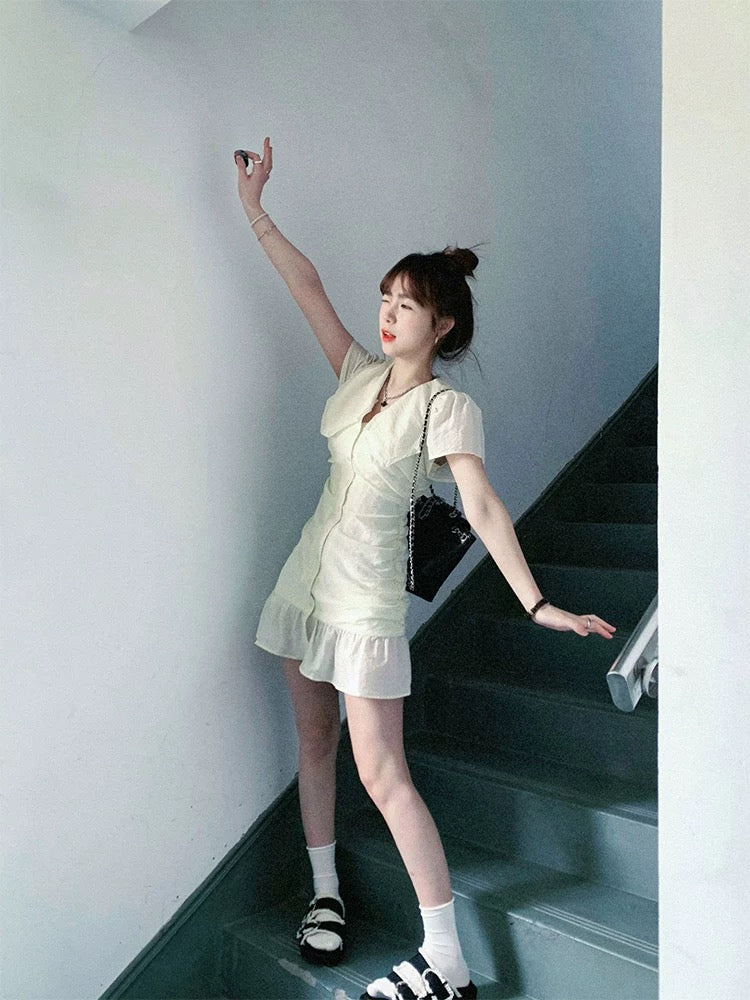 French design ruffled doll collar dress for women in summer with small waist and slimming sweet short skirt