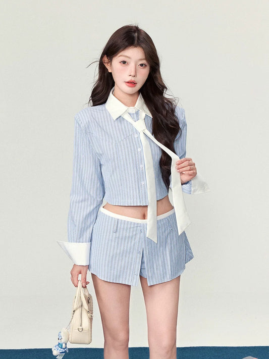 Sweety Preppy Style Blue and White Striped Shirt and Shorts Two-Piece Set for Women, 2025 New Arrival