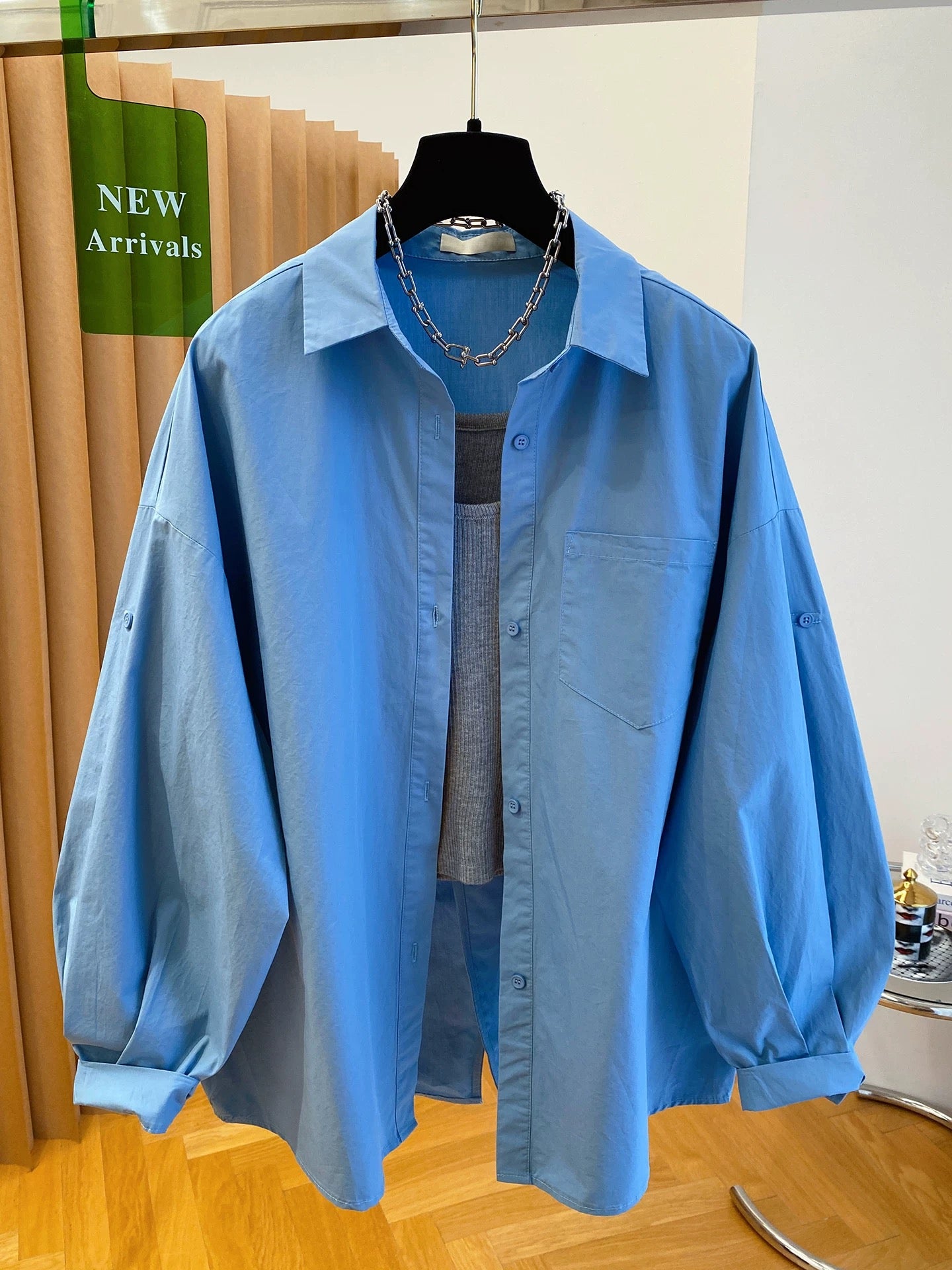 Blue long-sleeved shirt plus small camisole two-piece top female 2025 new loose early autumn atmosphere