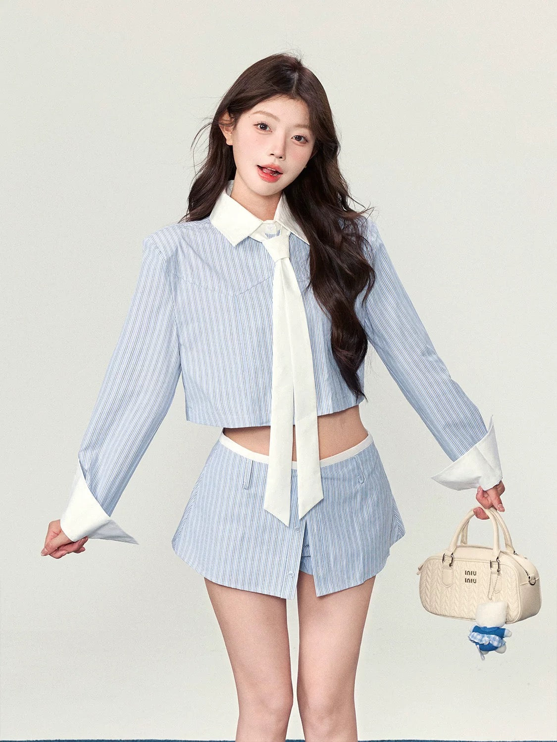 Sweety Preppy Style Blue and White Striped Shirt and Shorts Two-Piece Set for Women, 2025 New Arrival