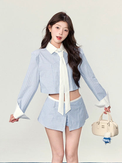 Sweety Preppy Style Blue and White Striped Shirt and Shorts Two-Piece Set for Women, 2025 New Arrival
