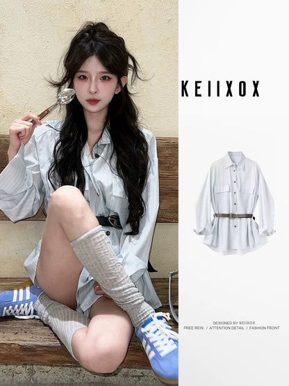 Loose Korean striped long-sleeved shirt dress for women in early autumn, small outfit, design, waisted A-line short skirt