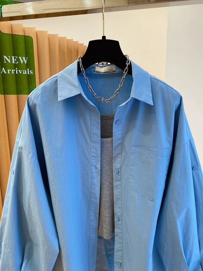 Blue long-sleeved shirt plus small camisole two-piece top female 2025 new loose early autumn atmosphere