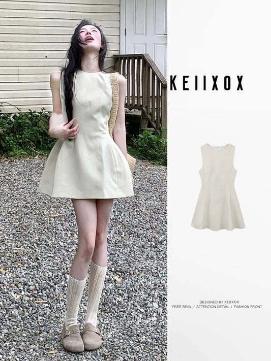 French style round neck sleeveless vest dress for women in summer wear high-end waist slimming A-line short skirt