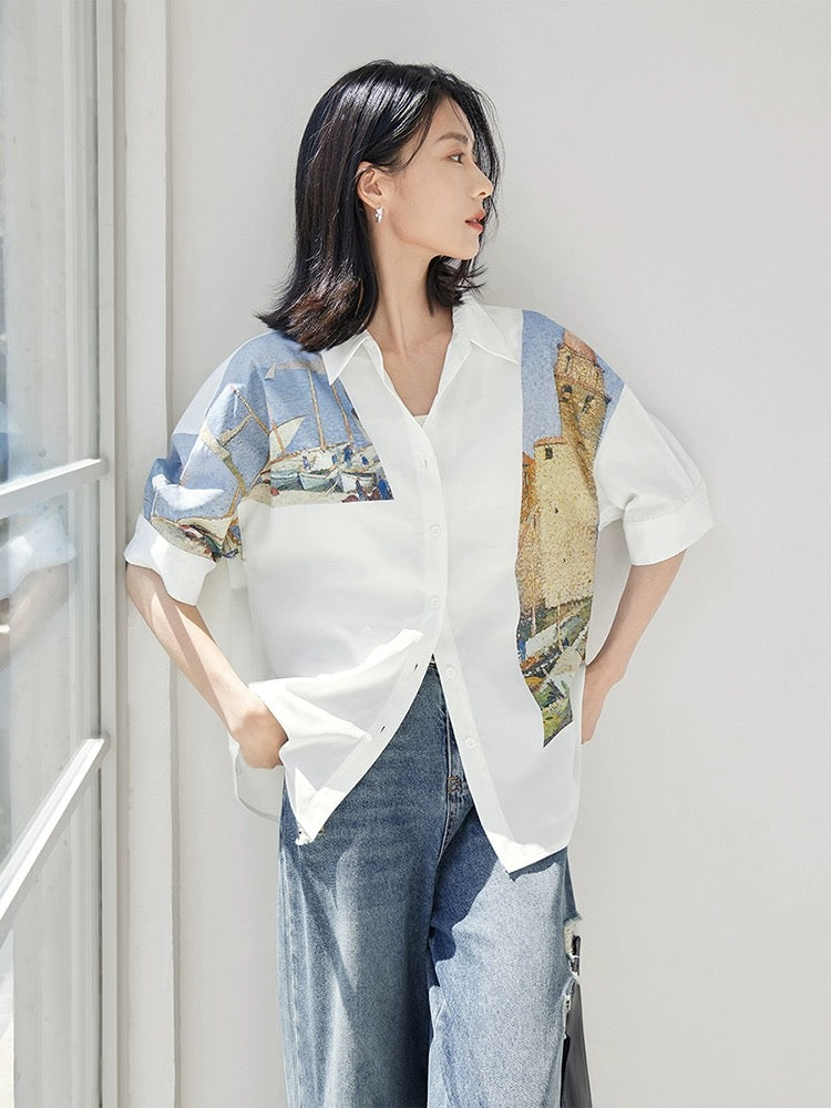 Dialogue x Kay Levine joint art print short-sleeved shirt for women 2024 summer new design white shirt