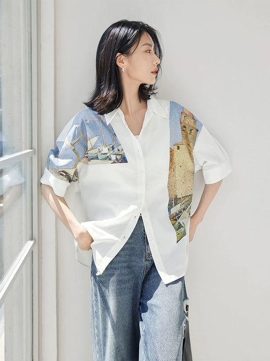 Dialogue x Kay Levine joint art print short-sleeved shirt for women 2024 summer new design white shirt