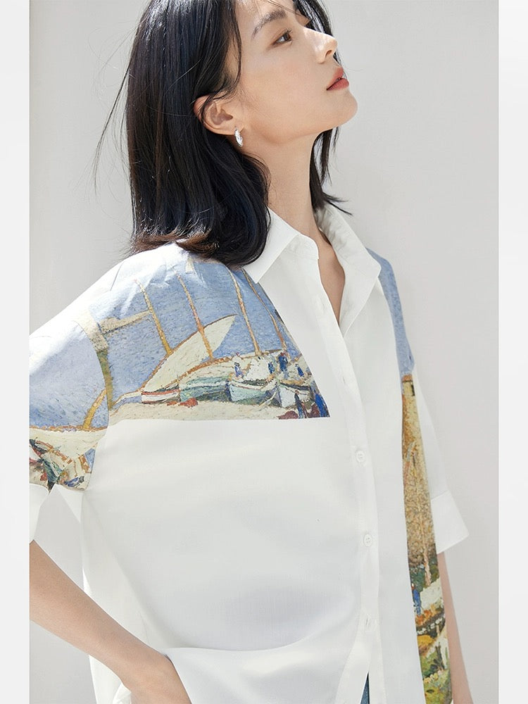 Dialogue x Kay Levine joint art print short-sleeved shirt for women 2024 summer new design white shirt