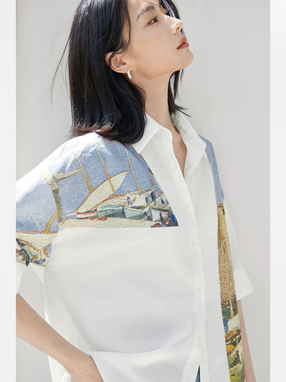 Dialogue x Kay Levine joint art print short-sleeved shirt for women 2024 summer new design white shirt