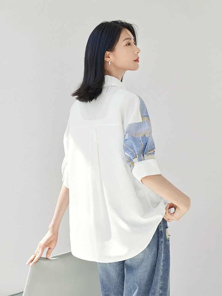 Dialogue x Kay Levine joint art print short-sleeved shirt for women 2024 summer new design white shirt