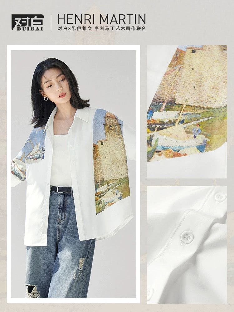 Dialogue x Kay Levine joint art print short-sleeved shirt for women 2024 summer new design white shirt