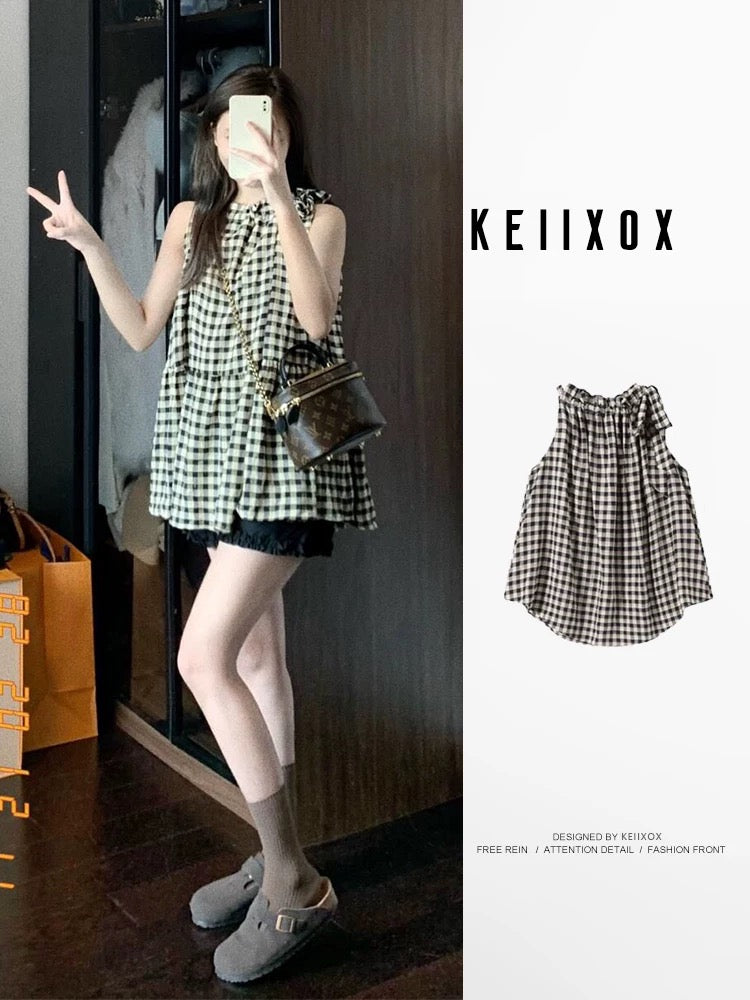 French halter neck tie bow check vest women's summer design niche retro Hong Kong style plaid top summer