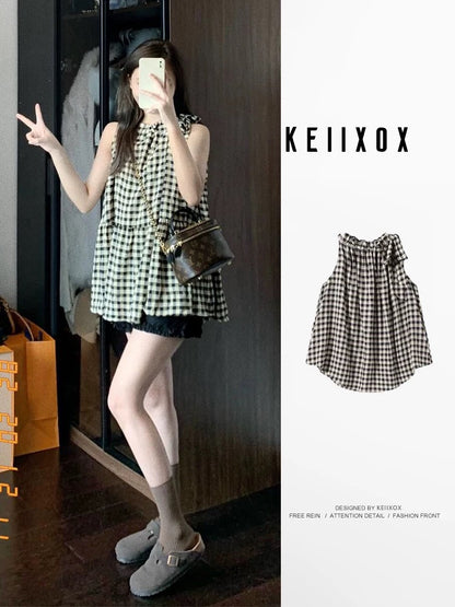 French halter neck tie bow check vest women's summer design niche retro Hong Kong style plaid top summer