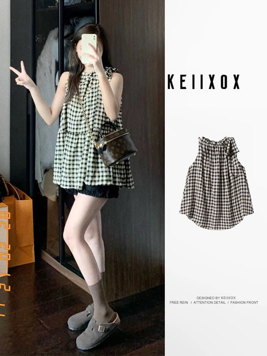 French halter neck tie bow check vest women's summer design niche retro Hong Kong style plaid top summer