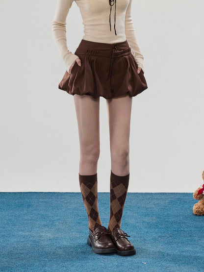 Sweety Brown French-Style High-Waisted A-Line Mini Skirt for Winter, featuring a tulip-shaped design.