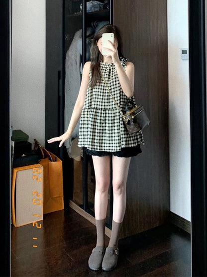 French halter neck tie bow check vest women's summer design niche retro Hong Kong style plaid top summer