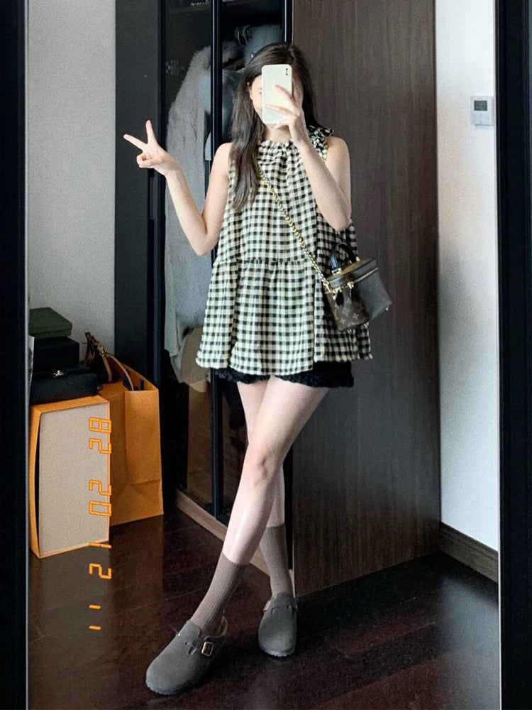 French halter neck tie bow check vest women's summer design niche retro Hong Kong style plaid top summer