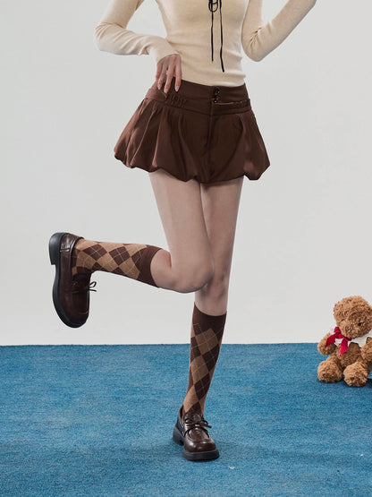 Sweety Brown French-Style High-Waisted A-Line Mini Skirt for Winter, featuring a tulip-shaped design.