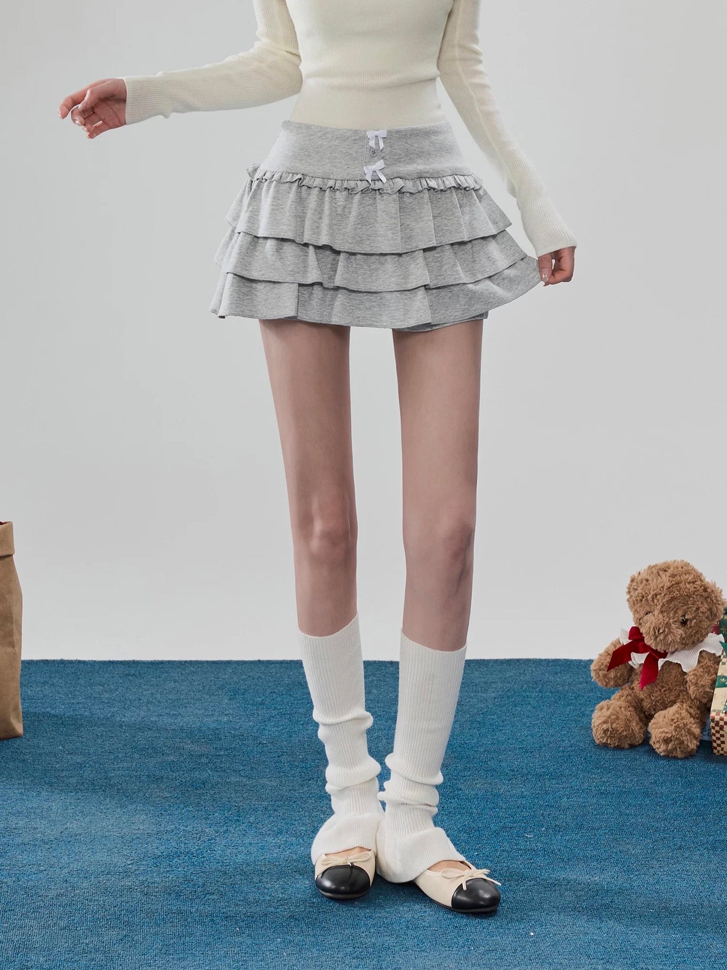 Sweety Grey Ruffled Puffy Mini Skirt, High Waist, Anti-Exposure A-line Cake Skirt, Half-length Skirt