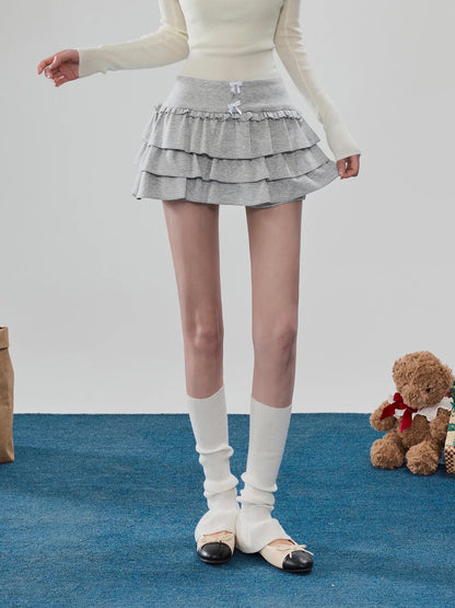 Sweety Grey Ruffled Puffy Mini Skirt, High Waist, Anti-Exposure A-line Cake Skirt, Half-length Skirt