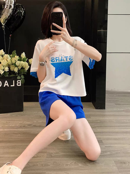 Trendy Hong Kong-style women's summer short-sleeve and shorts two-piece set; loose, casual, and sporty; youthful and slimming.