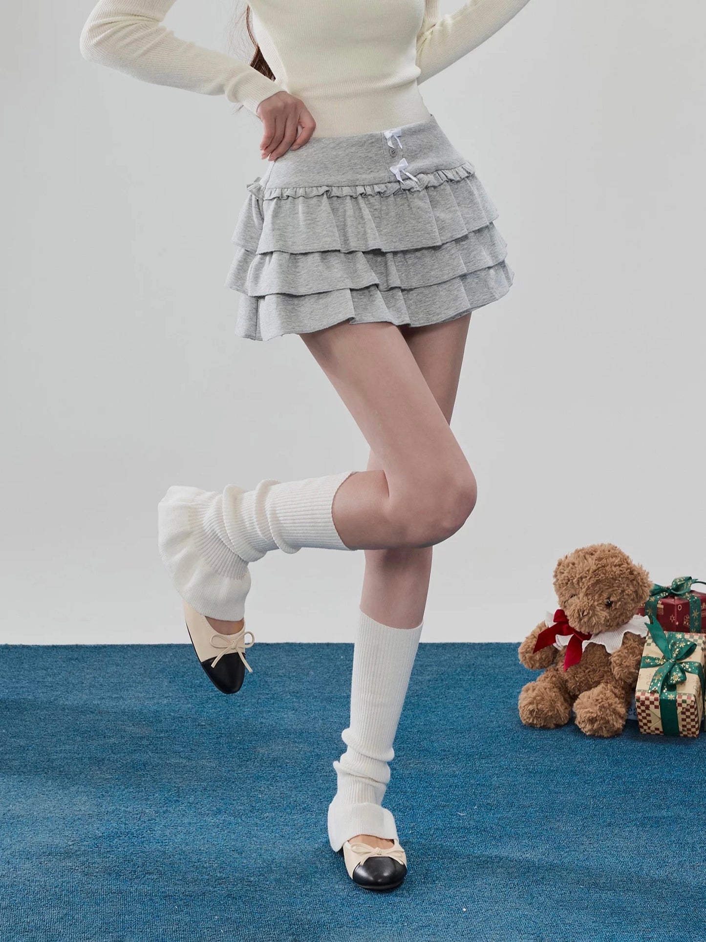 Sweety Grey Ruffled Puffy Mini Skirt, High Waist, Anti-Exposure A-line Cake Skirt, Half-length Skirt