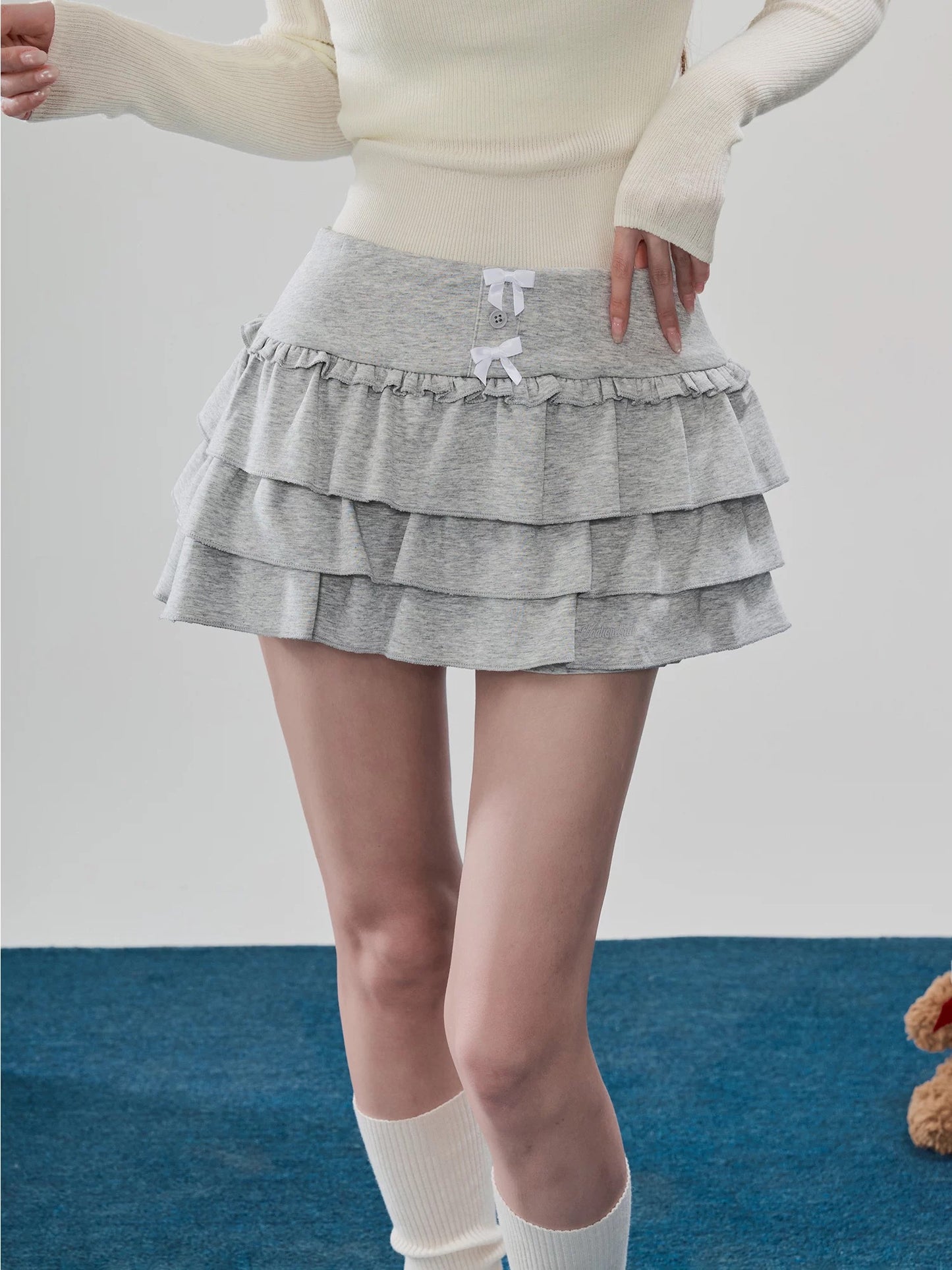 Sweety Grey Ruffled Puffy Mini Skirt, High Waist, Anti-Exposure A-line Cake Skirt, Half-length Skirt