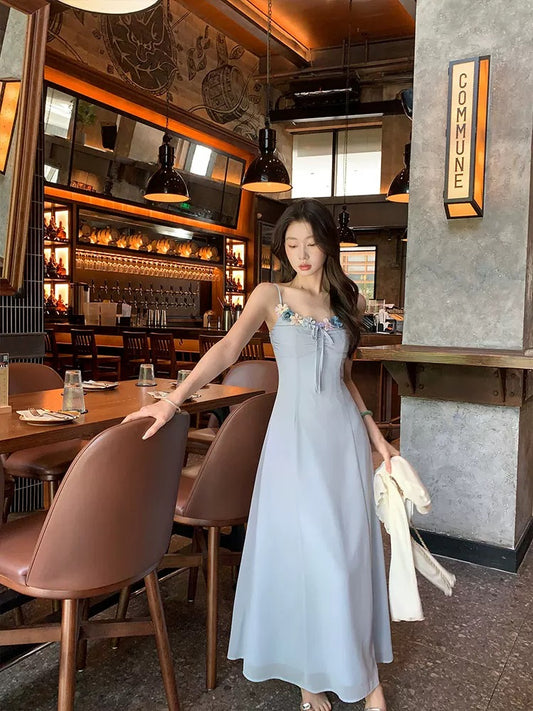 New Chinese style national style EIA Yiyao [Blue Mist Iced Tea] Pure Desire Temperament Dress Women's Summer Relaxing Long Dress