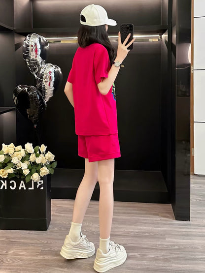 Stylish Printed Short-Sleeve Set for Women (Summer 2026) – Casual Two-Piece Outfit with Shorts; Loose, Youthful Fit; Ideal for Running or Sports.