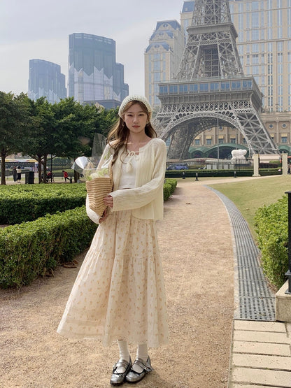 Cheese Rabbit Floral Skirt Women's 2024 New Sweet Lace A-Line Skirt Temperament Midi-Length Skirt for Little People