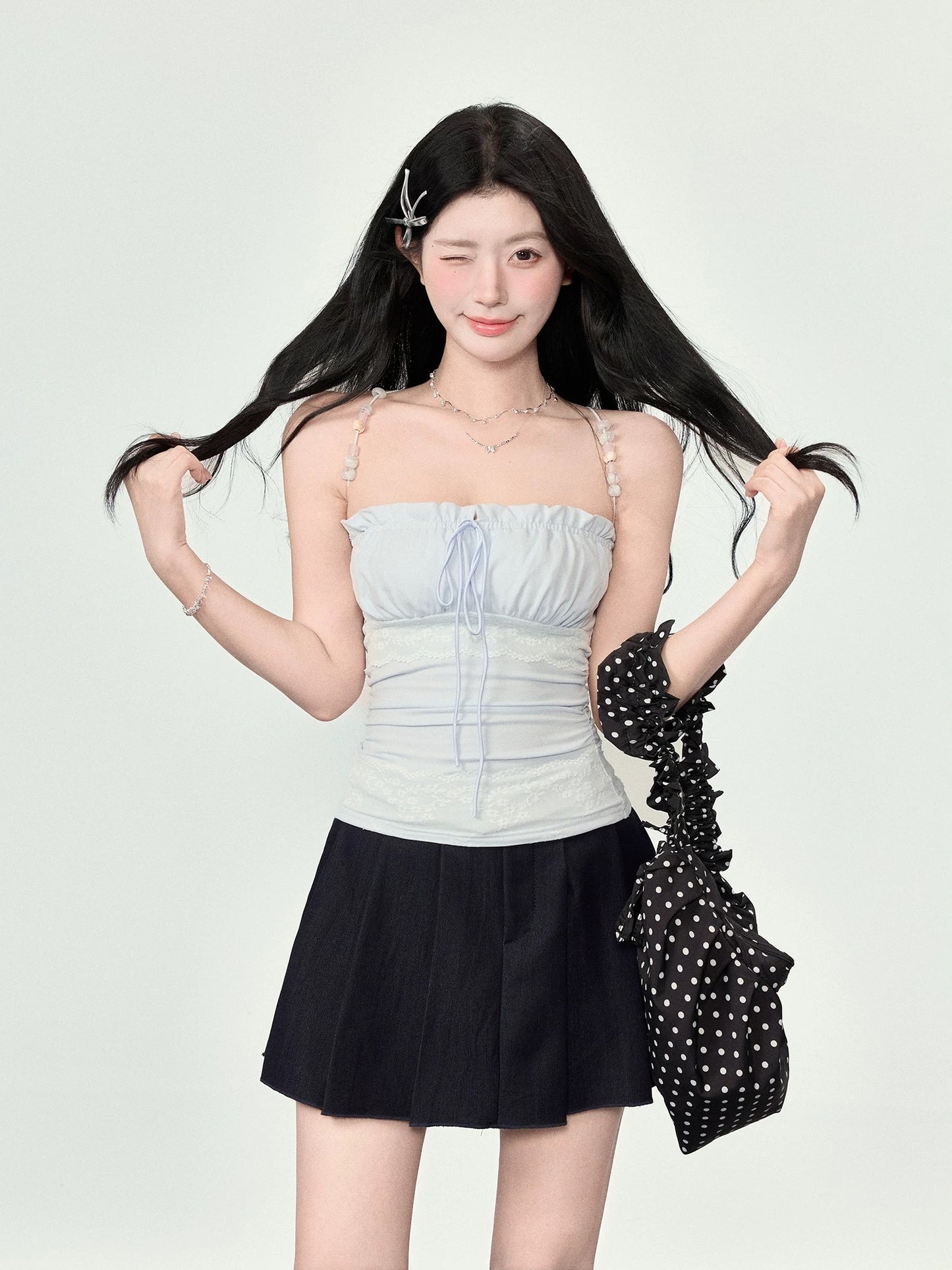 Sweety Beaded Strap Bandeau Vest for Women, Summer 2025, Lace Trim Halter Neck Hot Girl Top
