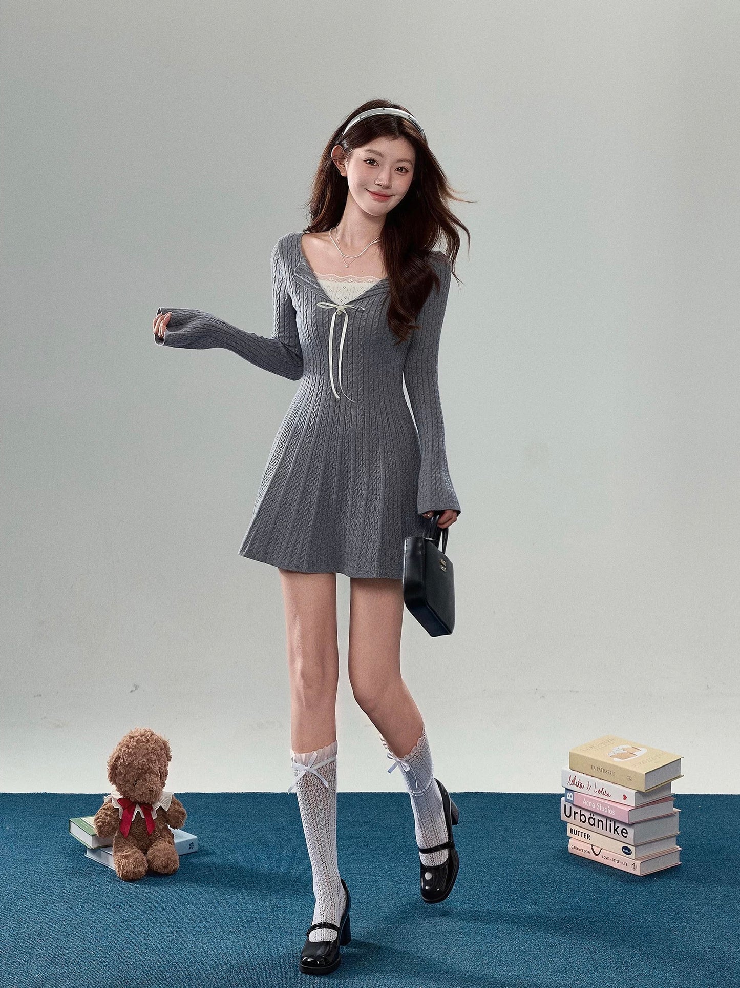 Sweety Faux Two-Piece Knit Dress for Women, Autumn Flared Sleeves, Slim Waist, Short Skirt