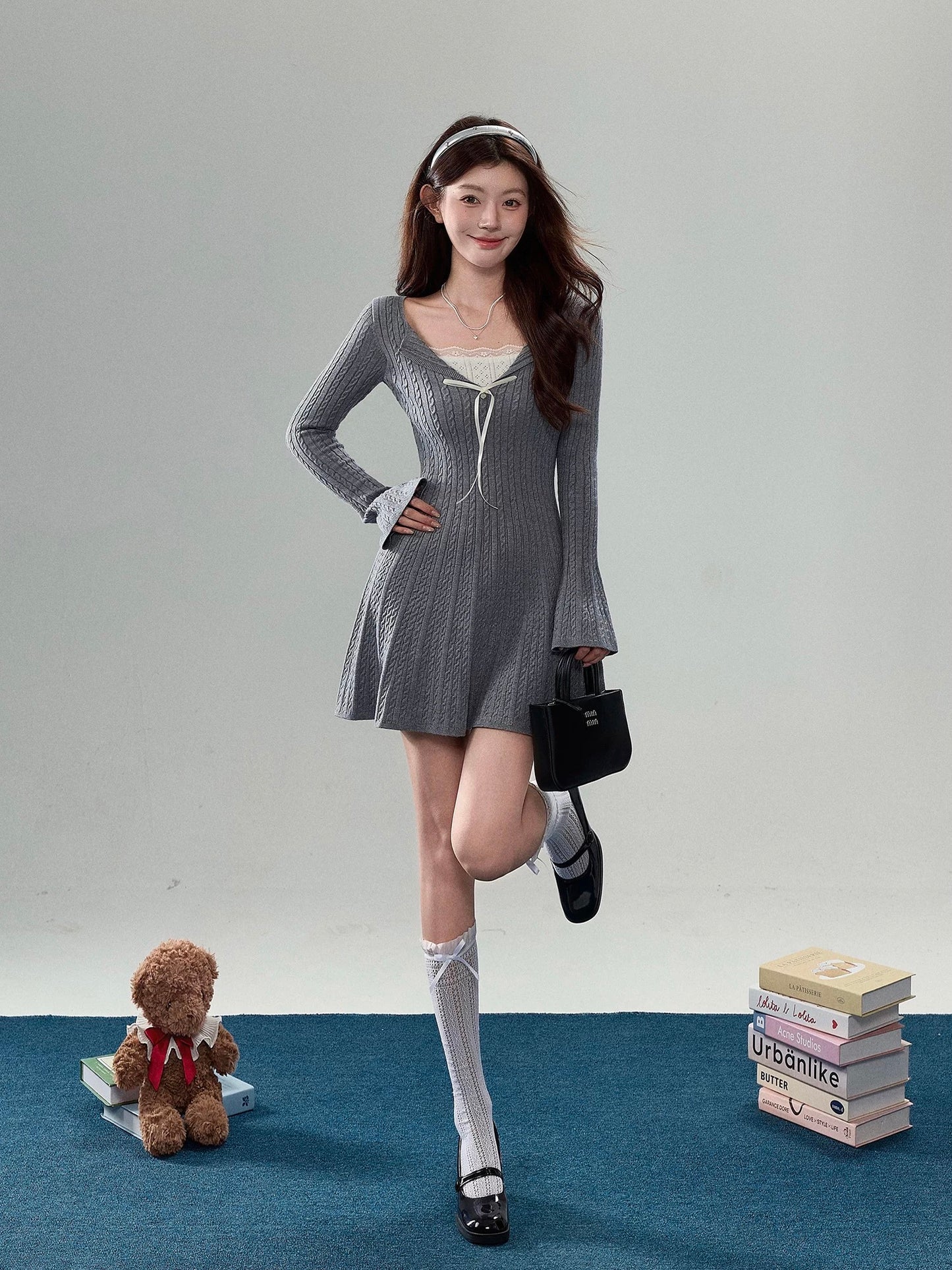 Sweety Faux Two-Piece Knit Dress for Women, Autumn Flared Sleeves, Slim Waist, Short Skirt