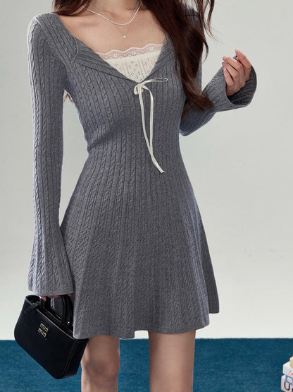 Sweety Faux Two-Piece Knit Dress for Women, Autumn Flared Sleeves, Slim Waist, Short Skirt