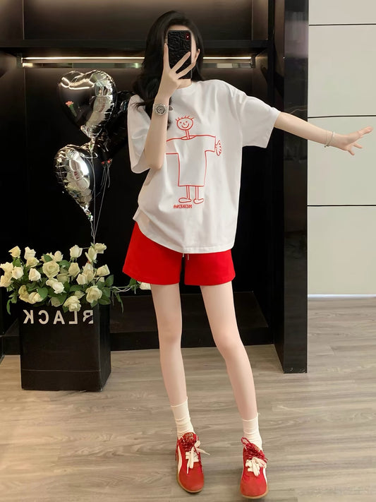 Women's Summer 2026 Trendy Loose-Fit Printed Short-Sleeve Set – Stylish Casual Sporty Two-Piece Outfit with Shorts (Flattering/Slimming Fit)