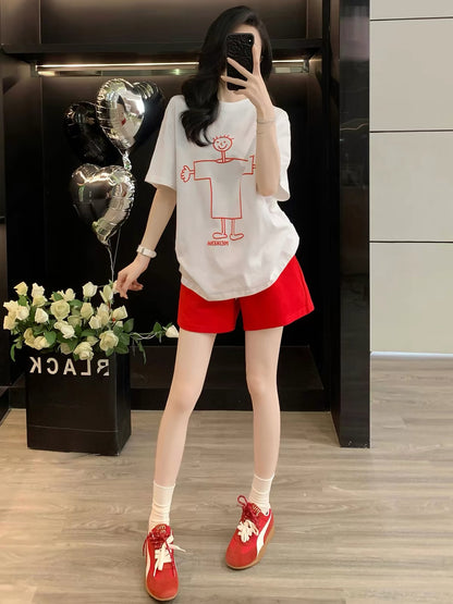 Women's Summer 2026 Trendy Loose-Fit Printed Short-Sleeve Set – Stylish Casual Sporty Two-Piece Outfit with Shorts (Flattering/Slimming Fit)