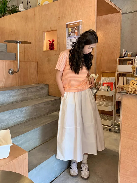 Cheese Rabbit Skirt Women's 2024 Summer New Elastic Waist High Waist Slimming White Mid-Length Skirt A-Line Skirt