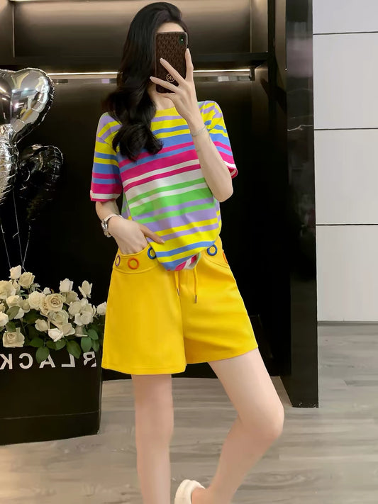 Stylish & Trendy Women's Summer Sportswear Set (2026): Striped Short-Sleeve Top & Shorts Two-Piece Outfit – Casual, Loose-Fit, and Fashionable Running Gear