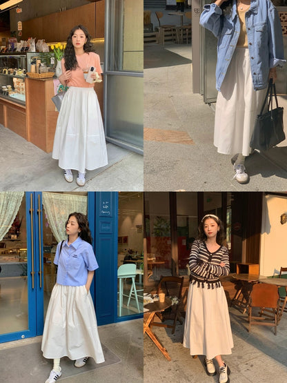 Cheese Rabbit Skirt Women's 2024 Summer New Elastic Waist High Waist Slimming White Mid-Length Skirt A-Line Skirt