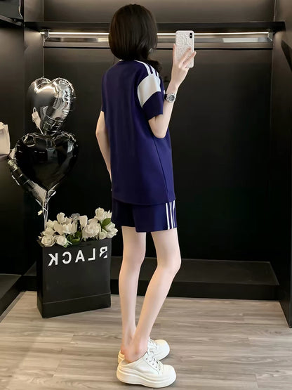 Stylish Blue Short-Sleeve Summer Set for Women (2026 Korean-Style Trendy Casual Two-Piece Outfit with Shorts – Loose Fit for Sports & Running)
