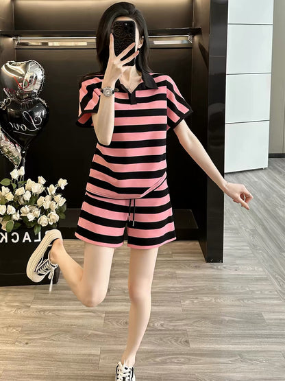 Women's Summer 2026 Polo-Collar Striped Short-Sleeve Sports Set – Stylish, Youthful, Loose-Fit, Slimming Two-Piece Set with Shorts